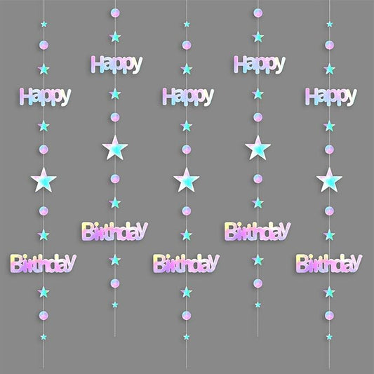 Pre-Strung Iridescent Happy Birthday Banner Decorations, No DIY Holographic Star Circle Dot Garland Sign Hanging Streamers Birthday Party Decor for Women Men Girl Boy Party Supplies