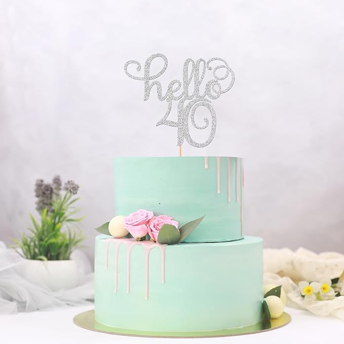 Sliver Glitter Hello 40 Cake Topper - Cheers to 40th Years - 40 and Fabulous Cake Topper - 40th Birthday/Wedding Anniversary Party Sign Decorations