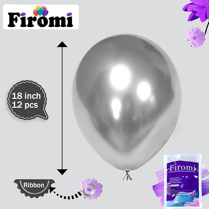 Firomi Metallic Silver Balloons 18-inch 12 Pack Large Helium Shiny Round Big Chrome Silver Thicken Latex Balloon for Wedding Birthday Party Balloons (with 1 Ribbon)