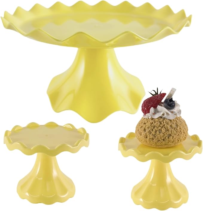 3 Pcs Cake Stand Set, Laced Cake Stand, Mini Cupdake Holder for Party,Wedding,Birthday,Celebration,Baby Shower,Anniversary (Macaroon Yellow)