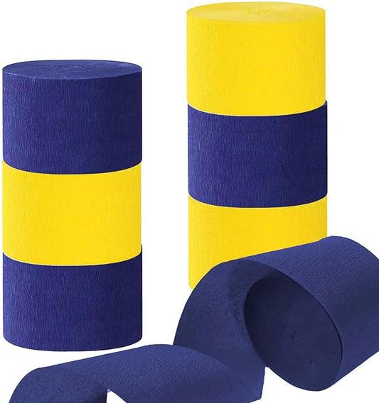 GAKA Navy Blue Yellow Crepe Paper Streamers 1.8 Inch Wide 82 Feet Per Roll,6 Rolls 2 Color for Various Birthday Wedding Festival Baby Shower Bridal Shower Graduation Party Decorations