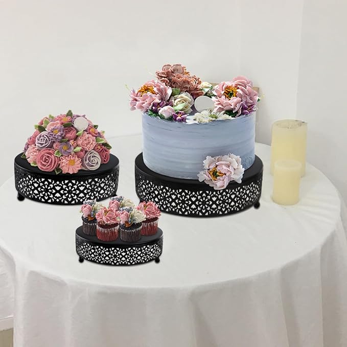 Hedume Set of 3 Black Cake Stand, Round Metal Cake Stands, Dessert Display Cupcake Stands, Wedding Brithday Party Celebration Dessert Display Plates-Black