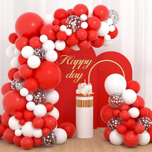 Red White Balloon Arch Garland Arch Kit - Red White Balloons Silver Confetti Balloons for Wedding Birthday Anniversary Graduation Bachelorette Valentine Christmas Party Decorations
