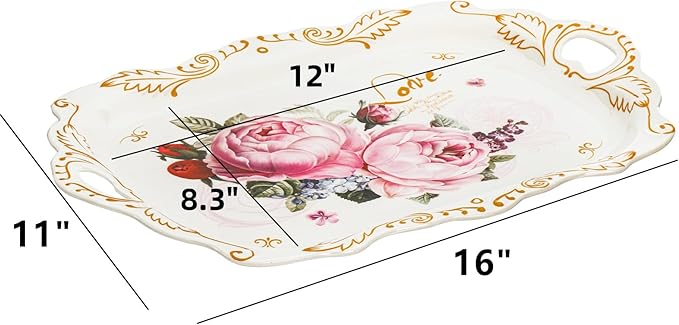 DEAYOU 3-Pack Melamine Serving Tray, Stackable Food Tray with Handles for Eating, Unbreakable Large Serving Platter with Floral Print for Gift, Party, Decor, Home, Restaurant, 16"L x 11"W, Rectangle