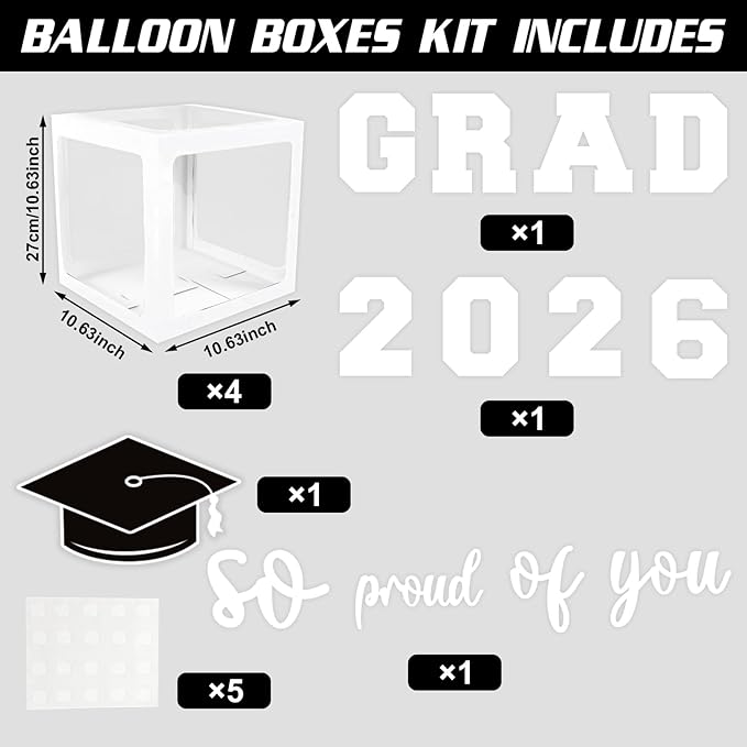 2026 Graduation Decorations - White Balloon Boxes with Letters 2026 Grad & So Proud of You and White Gold Print Balloons, Graduation Party Decorations Class of 2026 for Any Grades(White)
