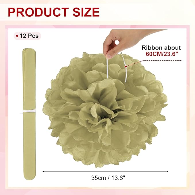 PATIKIL 14inch Tissue Paper Pom Poms, 12PCS Pom Poms Paper Flowers Ball Tissue Paper Flowers for Wedding Bridal Shower Birthday Bachelorette Party Backdrop Decoration, Gold