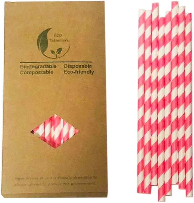 Pink Striped Paper Drinking Straw, 100 Pack Disposable Hot Pink and White Straw for Cake Pop Sticks Princess Birthday Party Suppliers, Wedding Decoration