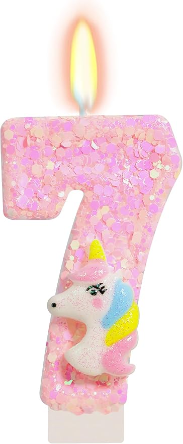 Birthday Candles - Number 7 Candle, 7th Birthday Decorations for Girl, Pink Unicorn Candles for Cake Topper, Cartoon Theme Party Supplies