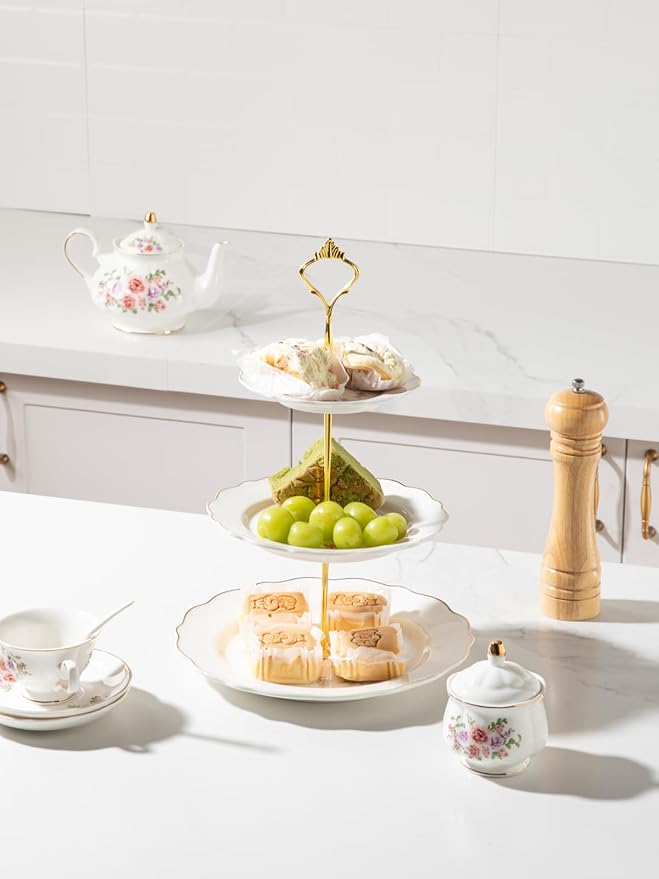 Sweejar 3 Tier Ceramic Cake Stand Wedding, Dessert Cupcake Stand for Tea Party Serving Platter(Small Flower)