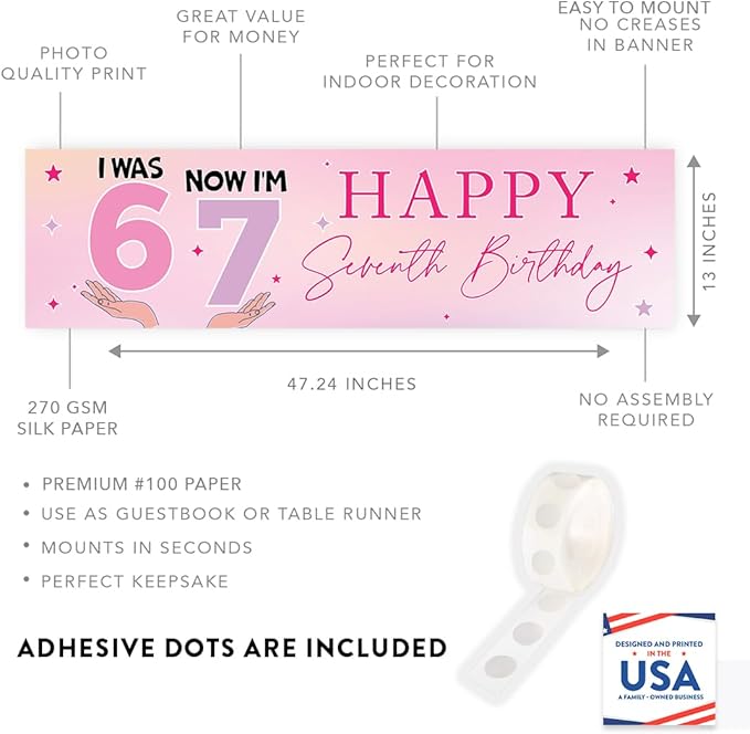Andaz Press 13x48 Inch 6 7 Birthday Banner Decorations, I Was 6 Now I'm 7 Birthday Banner Pastel Purple Pink 67 Happy Birthday Party Banner for Girls, Home or Party Decor Backdrop Sign with Adhesive