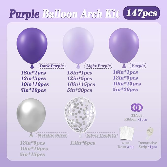 147pcs Purple Balloon Garland Arch Kit, Different Sizes with Dark Purple Light Purple Metallic Silver Confetti Lavender Latex Balloons for Baby Shower Wedding Birthday Party Decorations