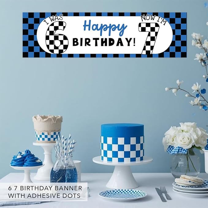 Andaz Press 13x48 Inch 6 7 Birthday Banner Decorations, I Was 6 Now I'm 7 Birthday Banner Blue Checkered 67 Happy Birthday Party Banner for Boys or Girls, Home or Party Decor Backdrop Sign