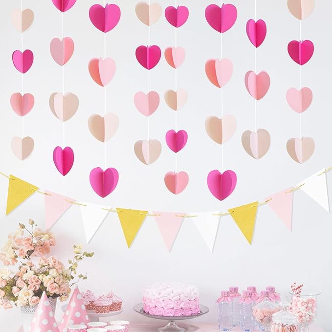 JijAcraft 120 Heart Garland Banner Hot Pink - Valentines Day Decorative 3D Paper Hanging Streamers for Engagement, Bachelorette, Home Decor, Wedding, Birthday Party
