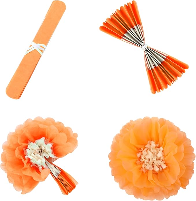 Fonder Mols Tissue Paper Chrysanth Flowers with Butterfly and Olive Leaves for Wedding Baby Shower Nursery Room Parties & Events Decorations Pom Poms (Yellow Orange)