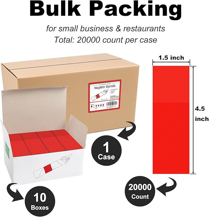 NATURALABEL Bulk Pack of 20,000, Self-Adhesive Napkin Bands for Small Business, Restaurants, Events - 10 Boxes, 2000 per Box (Red)