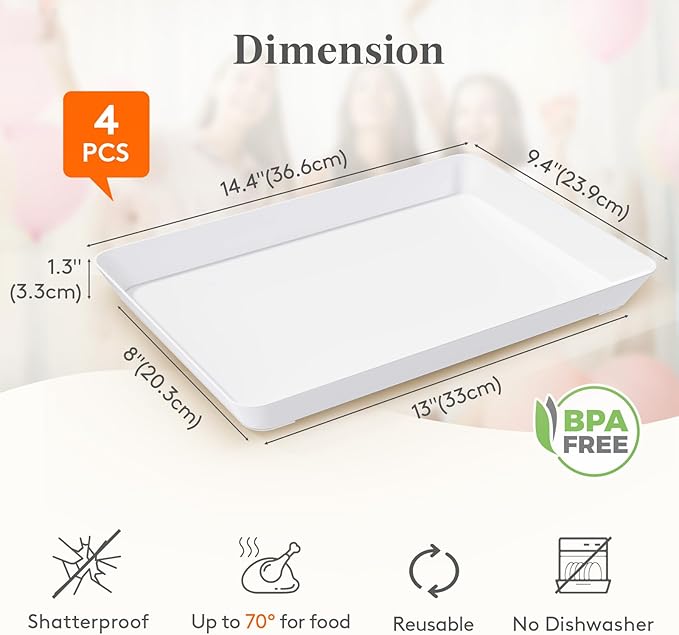 Lifewit Large Plastic Serving Trays, 14.5" x 9.5" Reusable Food Serving Platters, White Catering Trays for Parties, Buffet, Snacks, Fruit, Appetizers & Charcuterie, BPA-Free, Set of 4