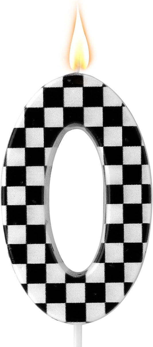 Racing Cars Themed Birthday Candle, Checkered Flag Number Candles Black and White Candles Happy Birthday Cake Topper Party Decorations for Boys Racing Cars Themed Party Supplies (Number 0)