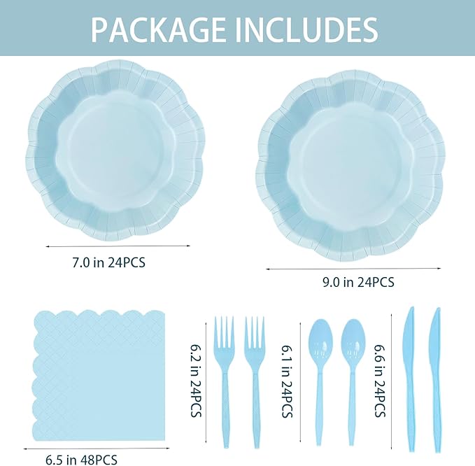 168 Pcs Pastel Blue Party Supplies Serves 24 Disposable Plates and Napkins with Full Plastic Utensils, Light Blue Tableware Set for Baby boy Shower, Birthday, Garden Events