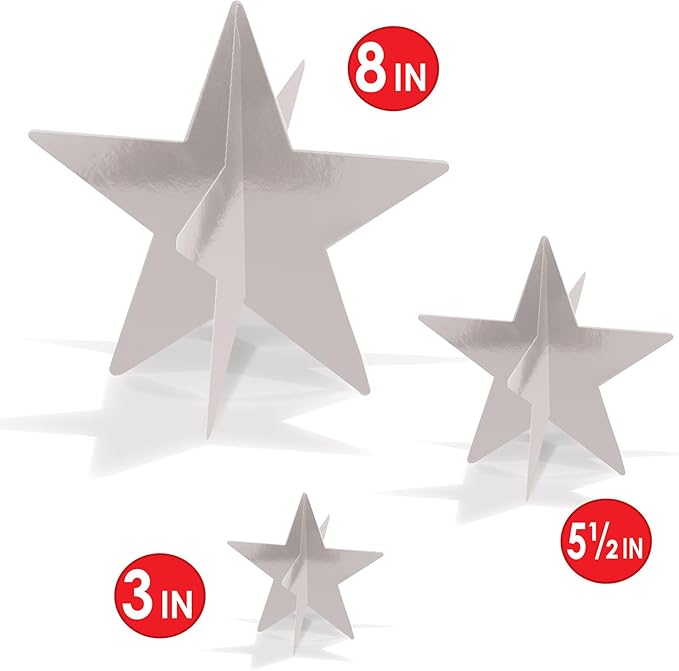 Beistle 3-D Foil Star Centerpieces, 9-Pack Silver Cardstock Table Decorations for Awards Night Themes, New Year’s Eve, Anniversary Parties and Elegant Celebration Displays, Three Sizes 3", 5½", 8"