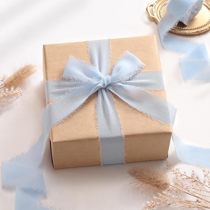 DORIS HOME Baby Blue Chiffon Ribbon for Flower Bouquet, 1" x21Yd Fabric Ribbon for Gift Wrapping, Handmade Frayed Ribbon for Wedding Invitations/Christmas Decorations