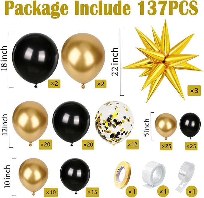 KARLURE Black and Gold Balloons Arch Kit with Black Gold Confetti Balloons for 2026 Graduation Decorations Class Grad Men Birthday Party Prom Retirement Masquerade Anniversary Party Decorations