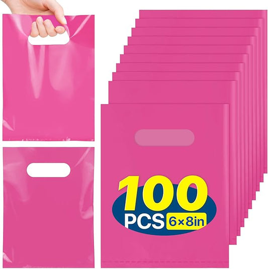 ANZNKU 100 Pcs Hot Pink Party Favor Bags, Small Gift Bags for Kids Birthday, Wedding, Baby Shower, Portable Goodie Bags for Easter Candy, Treats, Favors & Crafts(5.9x7.9 inch)