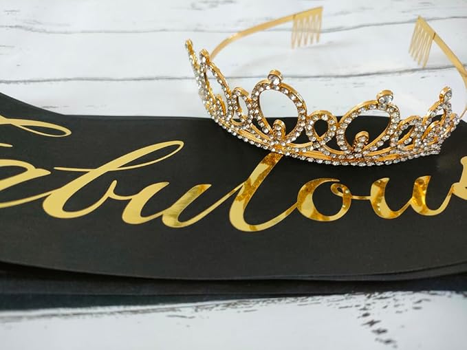 Mayin Happy 87th Birthday Tiara and Sash Gifts Crystal Rhinestone Princess Crown Birthday Women Party Favor Supplies Gold Crowns Black Sash