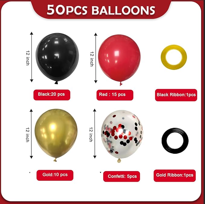 Red Black and Gold Party Balloons, Black Red Gold Latex Balloons 50 Pcs 12 inch Red Black Gold Balloons For Birthday Graduation Hollywood Casino Wedding Party Decoration