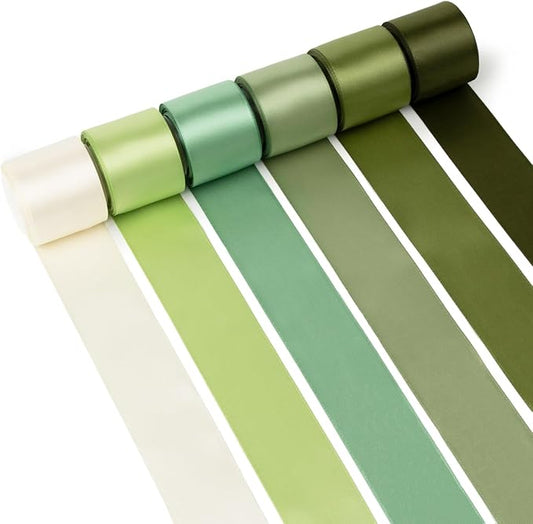 Green Ribbon 1-1/2 Inch x 60Yards Assorted Sage, Olive, Moss, Lime, Dusty Green, Ivory, Double Faced Satin Ribbons Set for Wedding, Flower Bouquet, Gift Wrapping, Hair Bow Crafts
