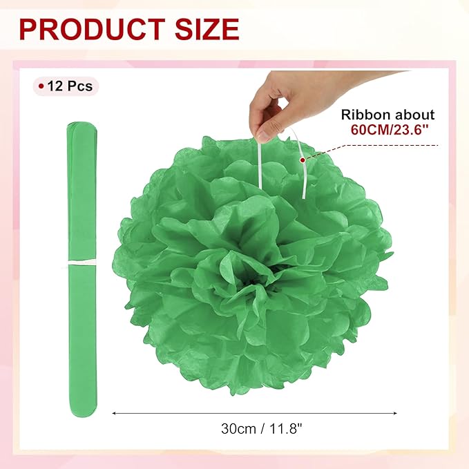 PATIKIL 12inch Tissue Paper Pom Poms, 12PCS Pom Poms Paper Flowers Ball Tissue Paper Flowers for Wedding Bridal Shower Birthday Bachelorette Party Backdrop Decoration, Green