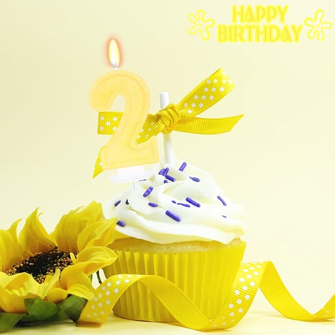 Yellow Birthday Candles for Boys Girls - Number 2 Candle Cake Topper for Yellow Party Decorations Sunflower Birthday Decorations