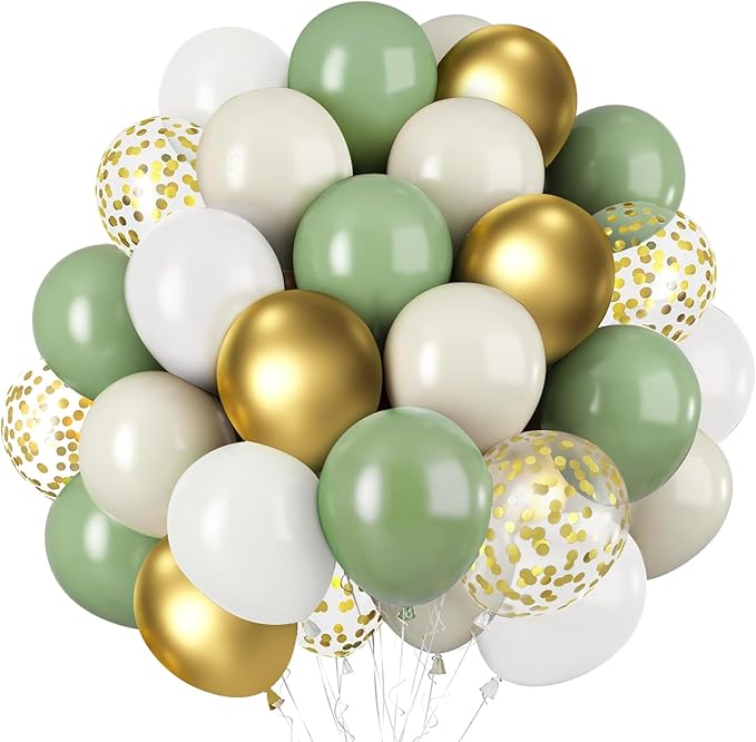 Sage Green White Gold Balloons, 50pcs Olive Green Gold Metallic Sand White Balloons with Gold Confetti Balloons for Wedding Bridal Shower Safari Birthday Party Decorations