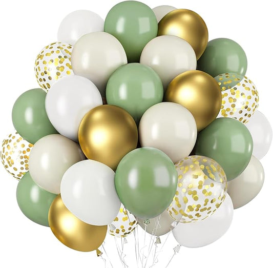 Sage Green White Gold Balloons, 50pcs Olive Green Gold Metallic Sand White Balloons with Gold Confetti Balloons for Wedding Bridal Shower Safari Birthday Party Decorations