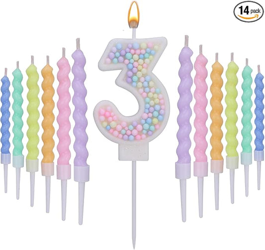 Number Birthday Candles for Cake with 12 Pieces Spiral Candles with Macaron Pastel Rainbow Pink Cake Toppers for Girls Happy Birthday Party Decorations (Number 3)