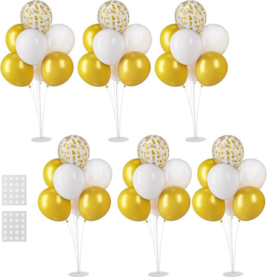 Voircoloria 6 Sets Balloon Stand Kits, Balloon Sticks with Base for Table Centerpieces Graduation Birthday Baby Shower Gender Reveal Party Decorations(White&Gold)
