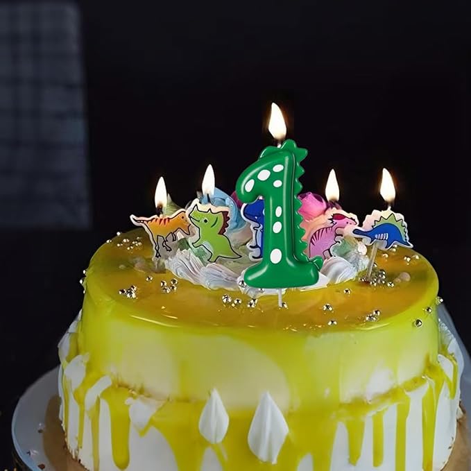 Number 1 Dinosaur Birthday Candles Set, Dino-Themed Cake Candle 1 2.75 Inch Green with 5Pcs Dinosaur Candles for Birthday Parties Celebration