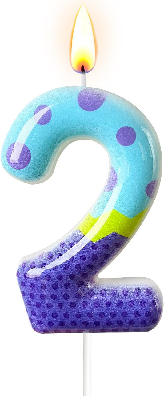 Number 2 Birthday Candle for Cake – Colorful Polka Dot & Patchwork Design – Fun Cake Topper Decoration for Birthday Celebration