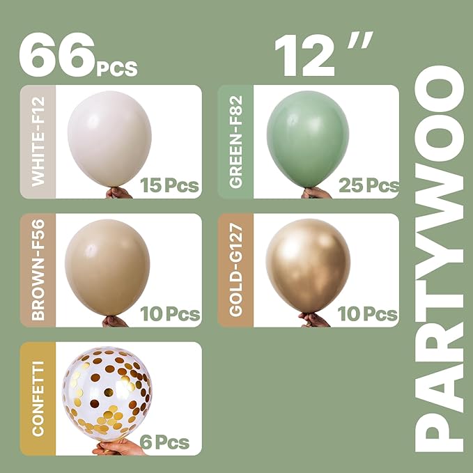 PartyWoo Sage Green Balloons 66pcs 12 Inch Metallic Gold Sand White Light Brown Gold Confetti Balloons for Baby Shower Wedding Engagement Jungle Woodland Forest Birthday Party Decorations