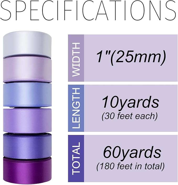 Purple Satin Ribbon 1 Inch Wide Lavender Light Purple Lilac Ribbon Assorted Solid Color Double Faced Satin Ribbon for Flower Bouquet Wedding Invitation Crafts Gift Wrapping Hair Bows - 60Yds