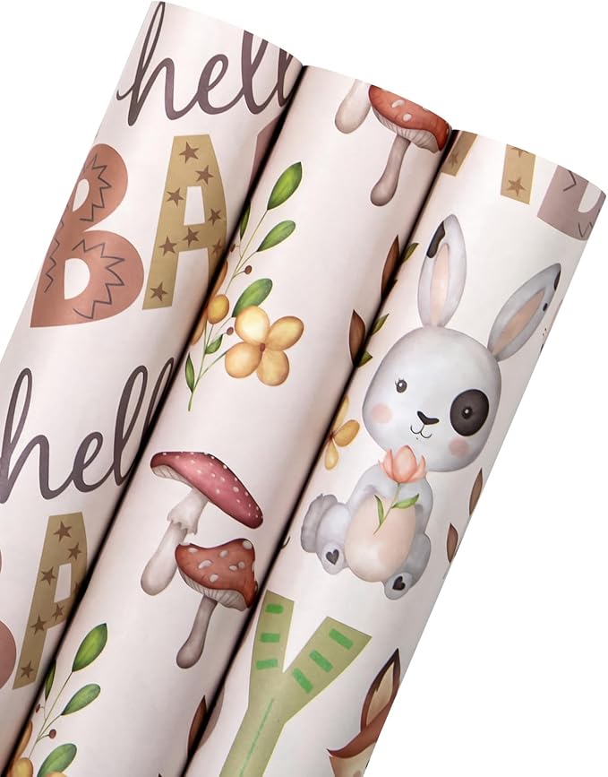 WRAPAHOLIC Kraft Baby Shower Wrapping Paper - Mini Roll - 3 Rolls - 17 Inch x 120 Inch - Little Woodland Animal Wrapping Paper for Baby Shower, Kids Girls Boys Birthday
