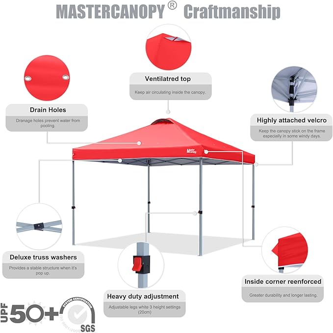 MASTERCANOPY Pop-up Canopy Tent with Roller Bag (8x8, Red)