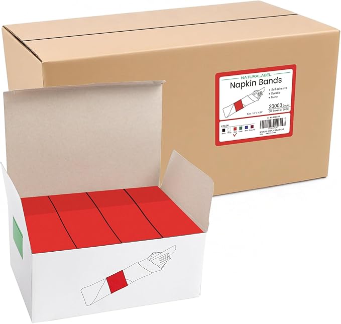 NATURALABEL Bulk Pack of 20,000, Self-Adhesive Napkin Bands for Small Business, Restaurants, Events - 10 Boxes, 2000 per Box (Red)