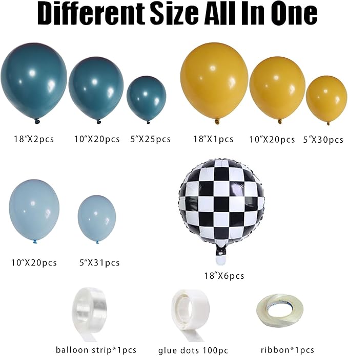 Race Car Balloon Garland Arch Kit 155Pcs Dusty Blue Yellow Latex Balloon Checkered Foil Balloons for Racing Car Truck Theme Two Fast 2nd Birthday Party Decorations