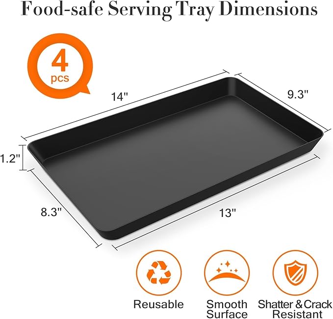 WOWBOX 4 pcs Serving Tray for Entertaining, Serving Platters for Snacks, Fruit, Cookies, Dessert, Reusable Plastic Trays for Serving Food and Pantry Organization in Kitchen & for Parties, (Black)