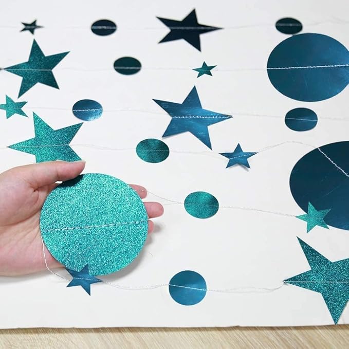 Cheerland Glitter Teal Aqua Blue Party Decorations Hanging Star Circle Garland Birthday Bridal Shower Backdrop Wedding Reception Bachelorette Decor Dot Streamer Graduation Party Under The Sea Theme