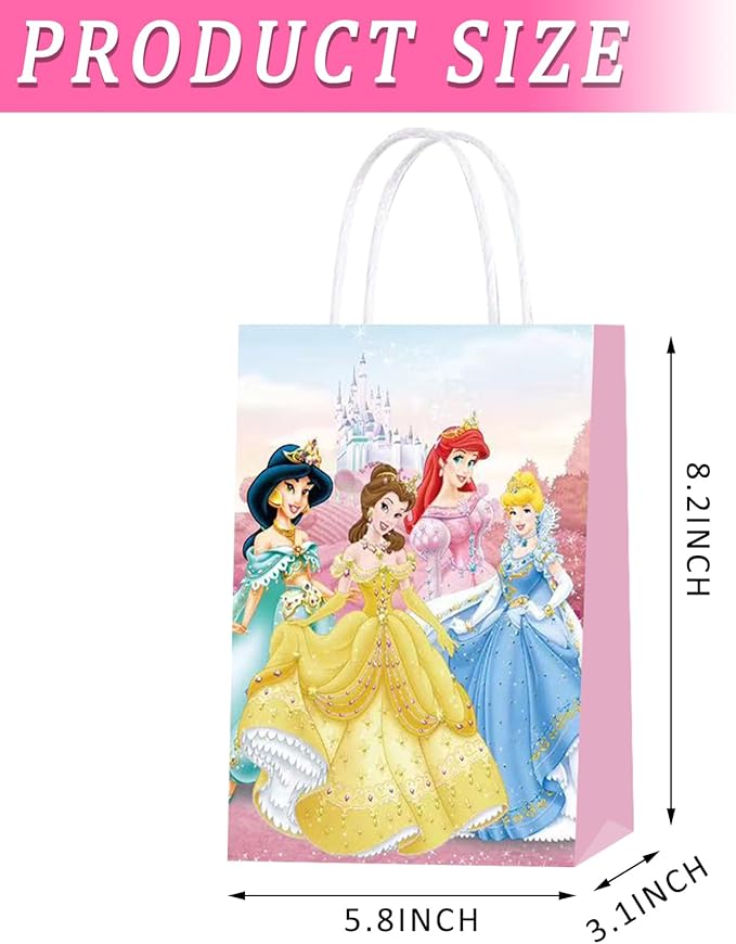 AURSWIF Princess Birthday Party Bags, 20 PCS Princess Kraft Paper Goodie Bag with Handles Small Gift Treat Bags for Princess Party Supplies