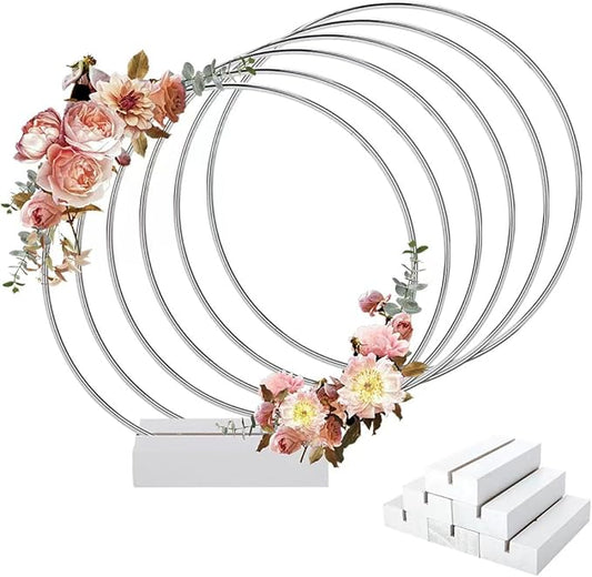 Worown 6 Pack 8 Inch Metal Floral Hoop Centerpiece with 6 Pack Wooden Stand for Table, Silver Metal Rings for Making Wedding Table Wreath Decor, Wall Hanging Wreaths and Dream Catcher Crafts
