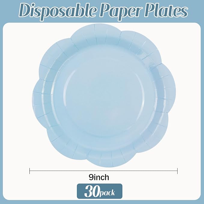 30 Pack Blue Paper Plates 9 Inch, Disposable Scalloped Plates Cake Dessert Plate for Dinner Baby Shower Wedding Bridal Shower Birthday Party Supplies (Blue, 9 inch)