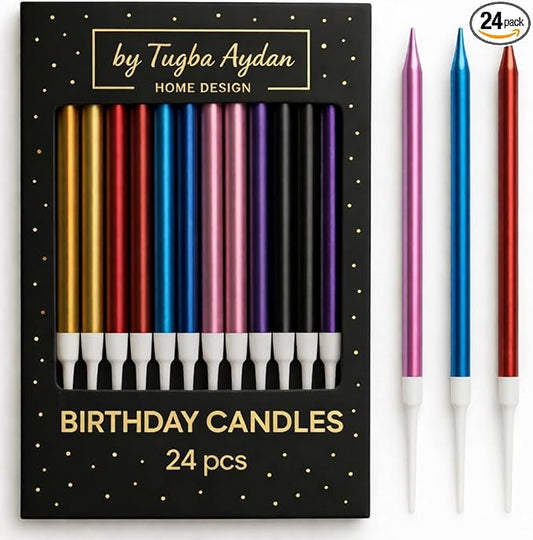 by Tugba Aydan - Rainbow Birthday Candles, 24 Pack, Long Thin Metallic Cake Candles with Holders, Colorful Candles for Cakes, Cupcakes & Parties