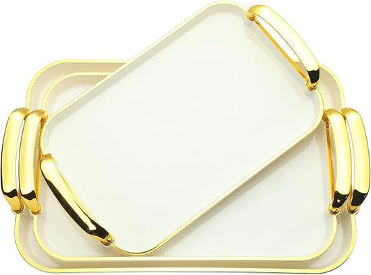 3 Pack Serving Tray with Handles, Stackable Reusable Trays for Serving Food, Plastic Serving Platters for Party, Charcuterie, Fruit, Appetizer, Cream Gold